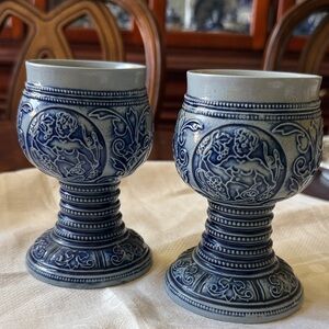 Set of 2 German stein goblets cups Gebr Plein cobalt blue on grey embossed